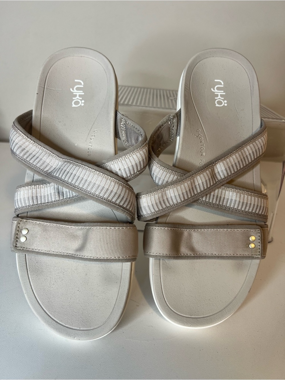 Ryka Women's Taupe Cross-Strap Slide Sandals